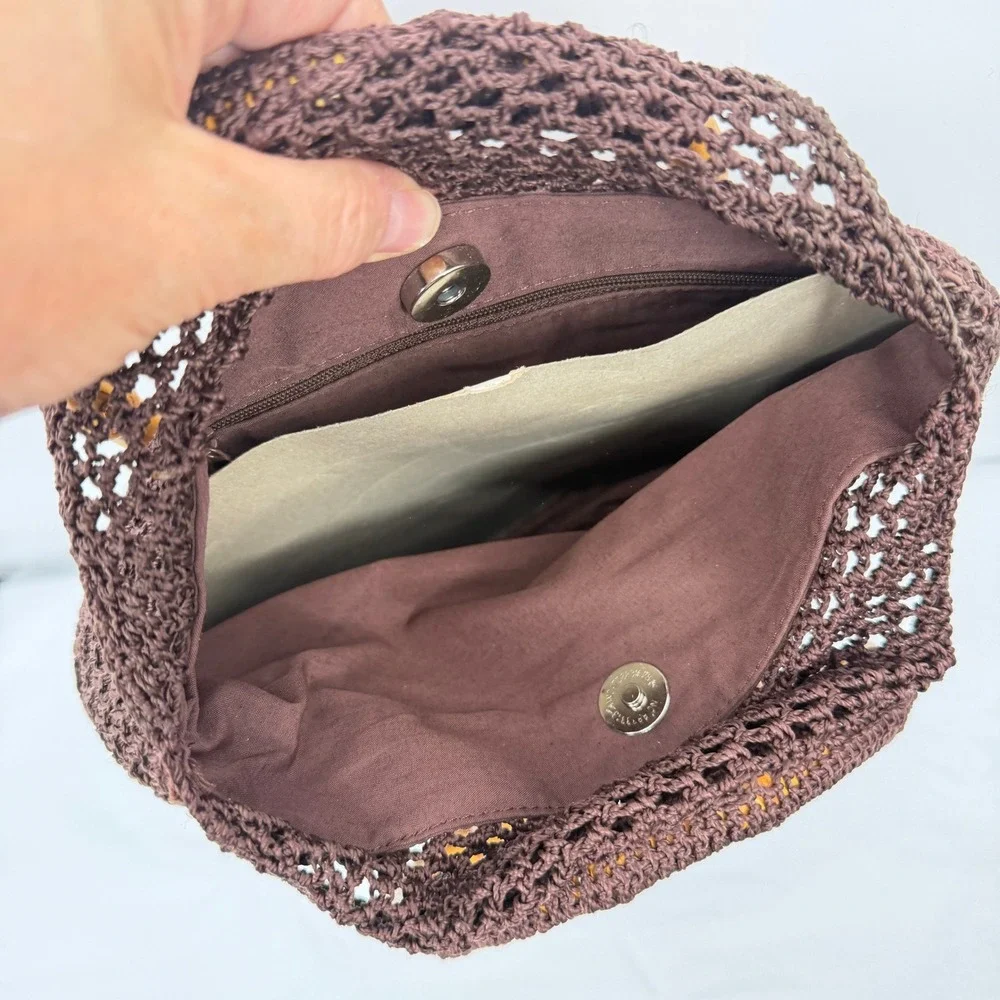 Kmart VTG NEW Crochet Handbag Bamboo Handle Brown Floral Boho Beachy Artisan
